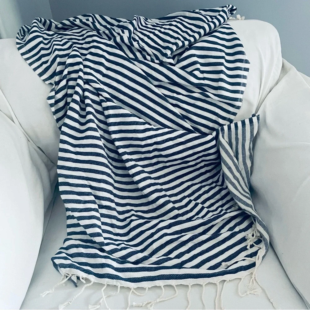 Gold Case Blue and White Stripe Turkish fringe Cotton Peshtamel Towel Wrap - Picture 6 of 16